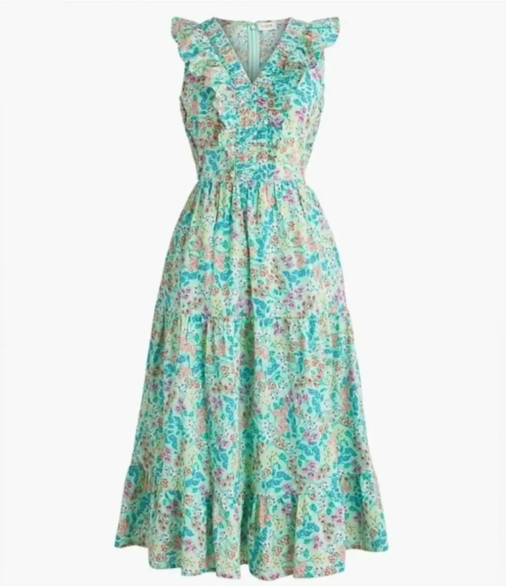 J Crew Spearmint Floral Sleeveless Midi Dress 100% Cotton Flutter Ruffle Size 18